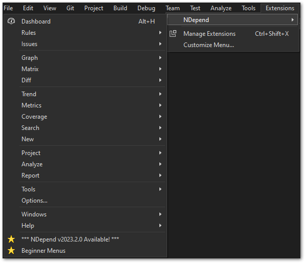 Screenshot of the advanced NDepend menu in Visual Studio 2022