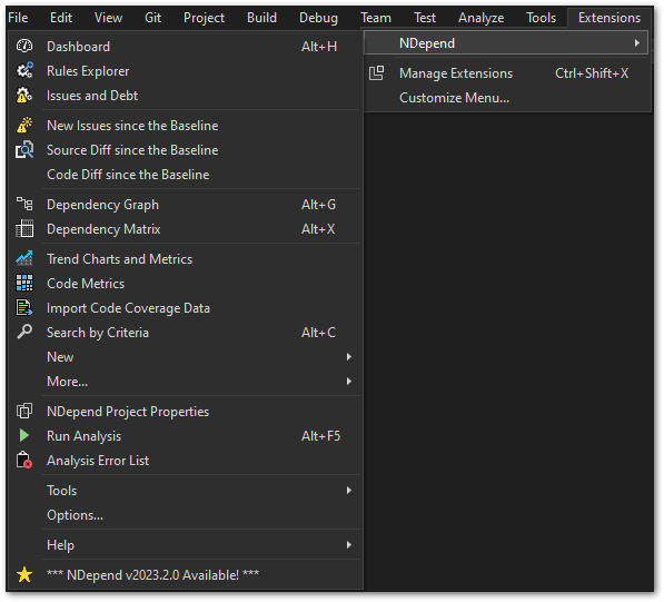 Screenshot of the basic NDepend menu in Visual Studio 2022