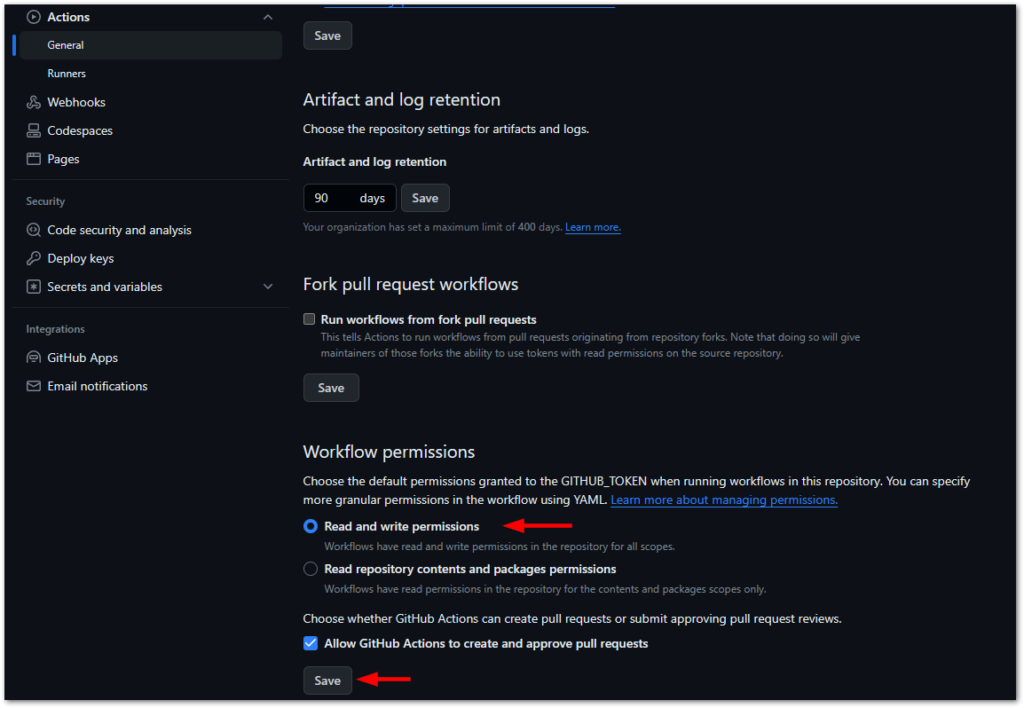 Screenshot of the GitHub repository settings. Activate the radio button “Read and write permission” and enable the check box “Allow GitHub Actions to create and approve pull requests” to fix the errors above.