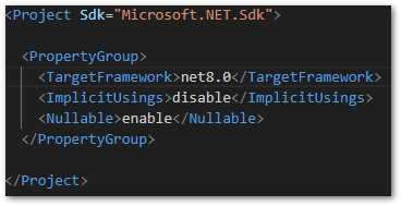 Enable C# 12 by setting the target framework to .NET 8 in a .csproj file