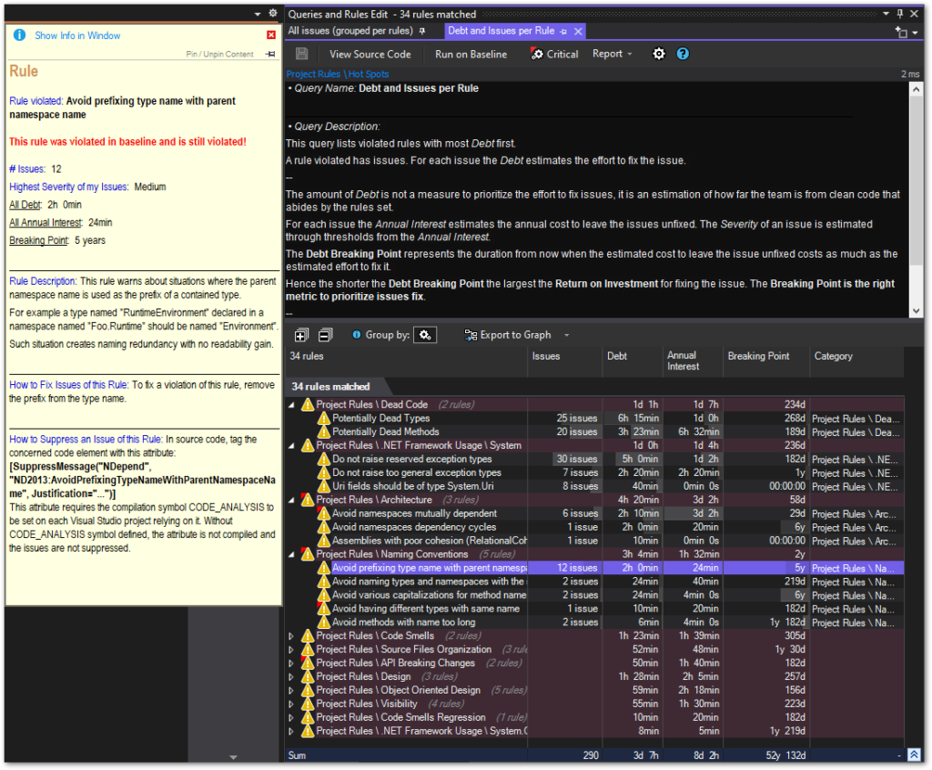 Queries and Rules Edit window with issues and debt information grouped by rules.