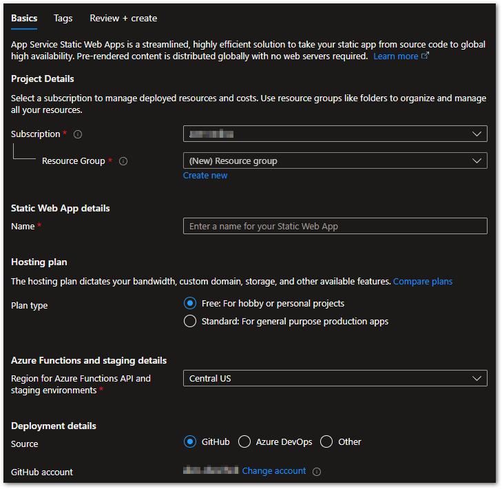 Fill out required fields when creating a static web app to deploy Flutter web apps on Microsoft Azure