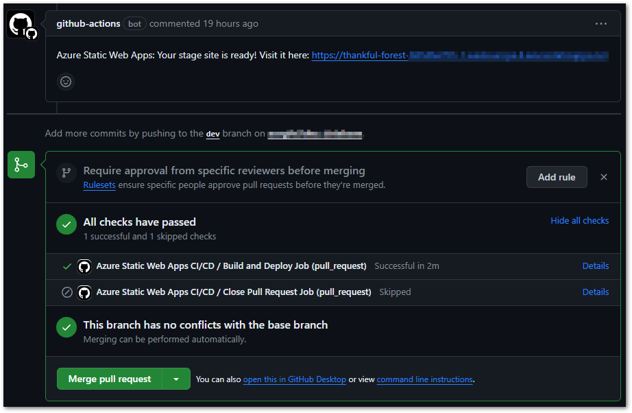 GitHub actions runner result and comment with URL to the deployed preview version in GitHub.