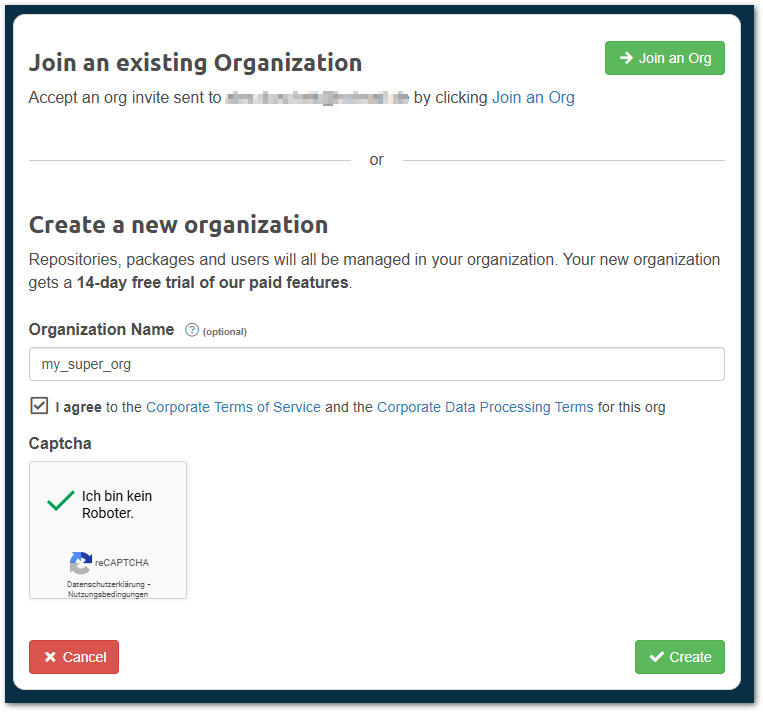 Create a new organization or join an existing one after creating an account for Cloudsmith