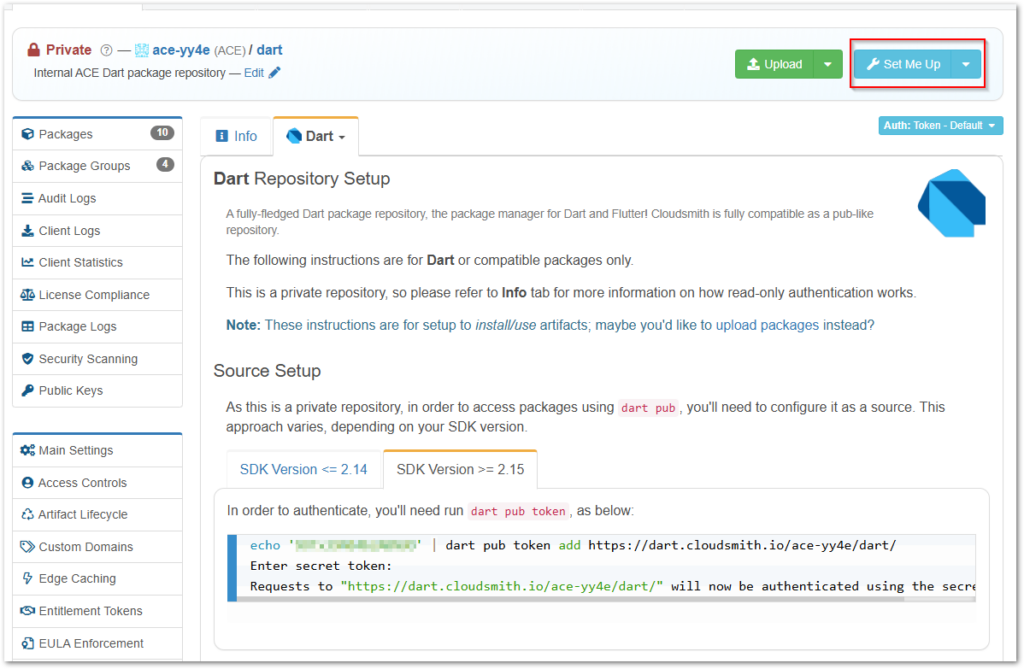 Detailed description of how to connect with the Cloudsmith Dart repository and install packages in a Dart/Flutter app