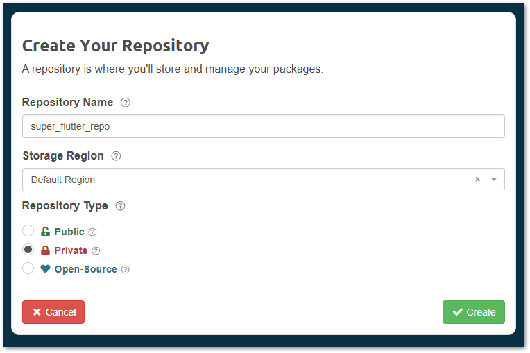 Configure your repository parameters like name, storage region, and type for your Cloudsmith account