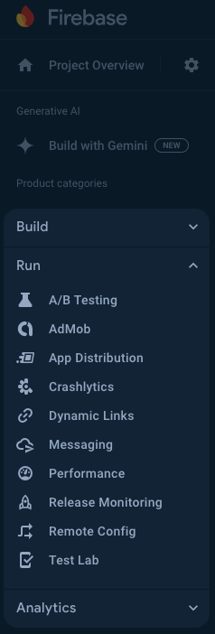 Screenshot of the Firebase navigation menu with the Crashlytics entry in the Run section.