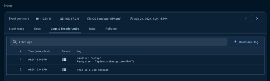 Screenshot of an issue with attached log messages in Firebase Crashlytics