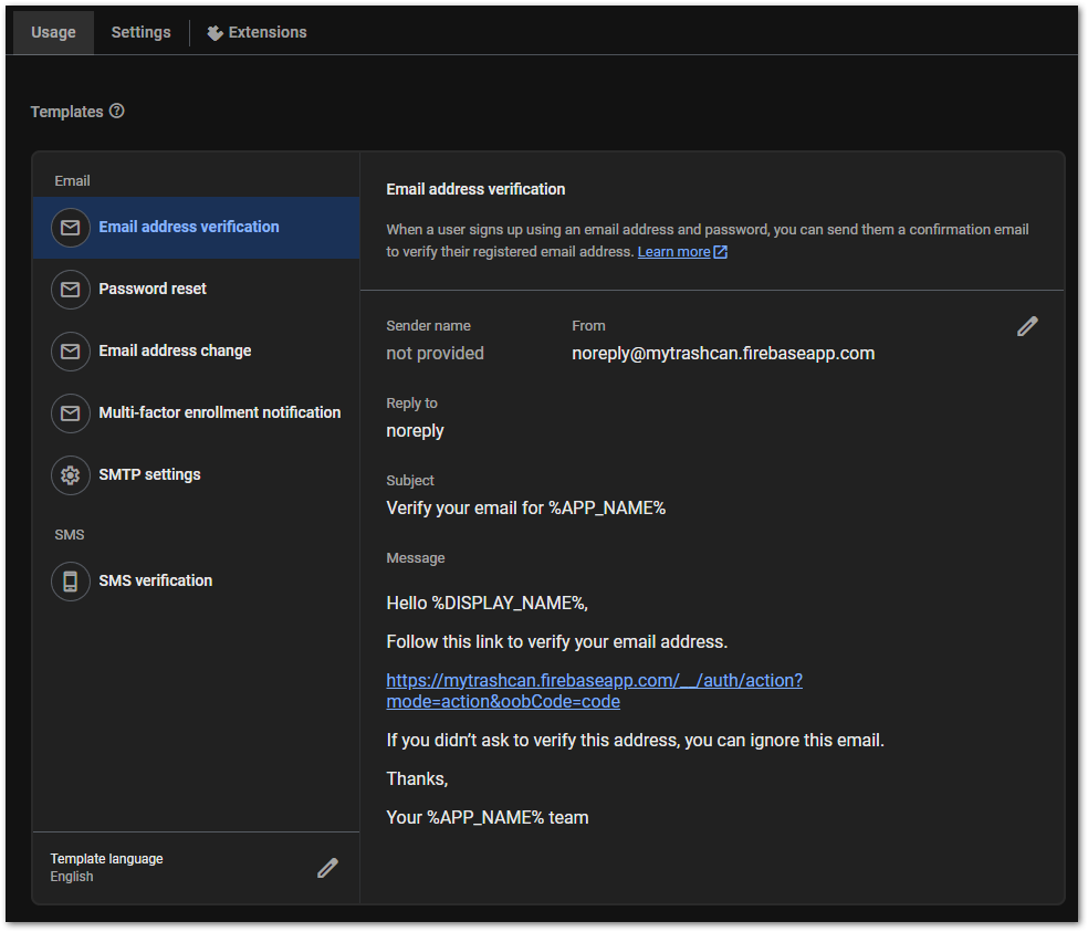 Email template customization option in Firebase
