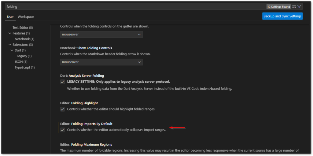 Default import folding setting in Visual Studio Code