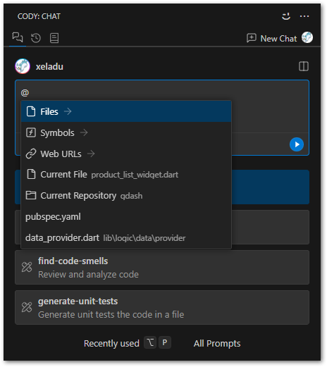 Cody context import options. After typing @ in the chat window, a list of import options appears.