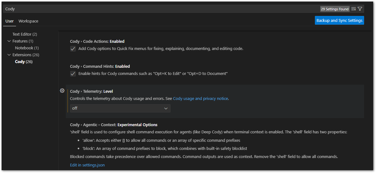 Cody telemetry settings in VS Code. It is enabled by default.