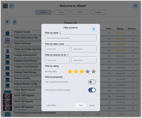 GDash product list filter with minimum rating selector and unrated products hiding option.