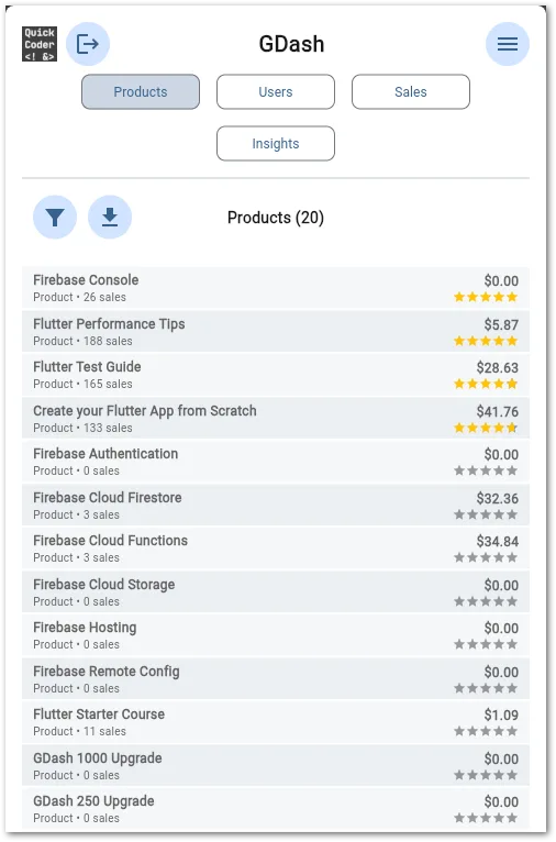 GDash product list on mobile devices with a rating indicator.
