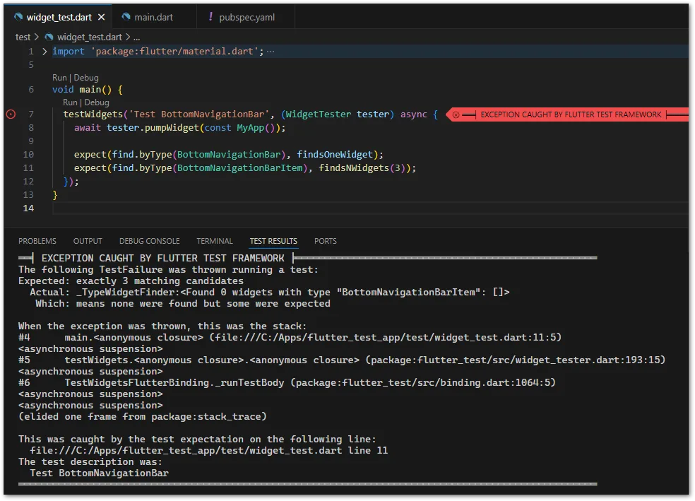 In widget tests, BottomNavigationBarItems cannot be found and the test fails.