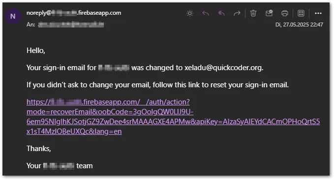 Confirmation email after a change. Use the recovery link if the change wasn’t initiated by you and the state will be reverted.
