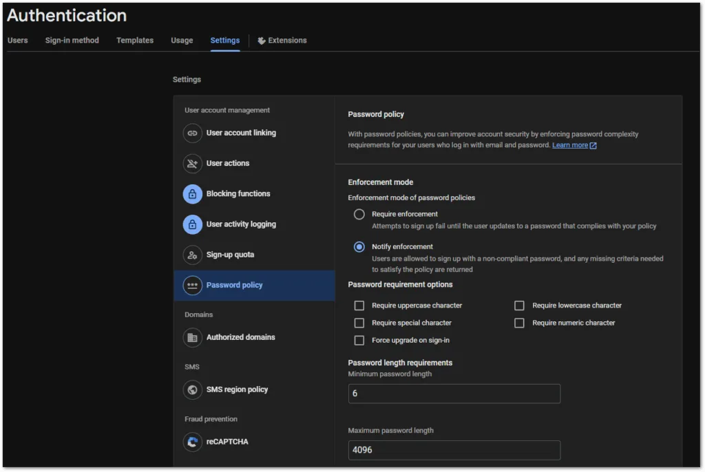 Configure password rules for users in Firebase Authentication