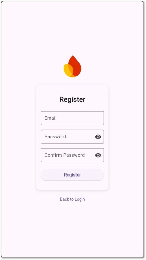 A simple registration form with email and password fields. Firebase expects an email and a password, so the confirmation field here is only to prevent typos of the users.