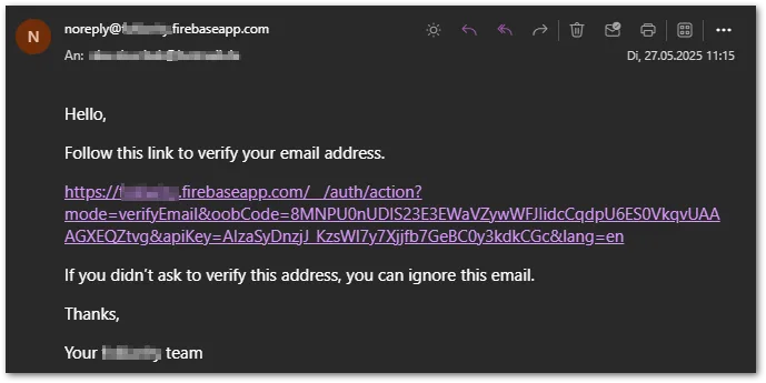 Verification email to prove that an address is real. By clicking the link, the verification is completed.