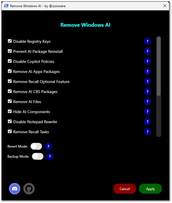 RemoveWindowsAI user interface